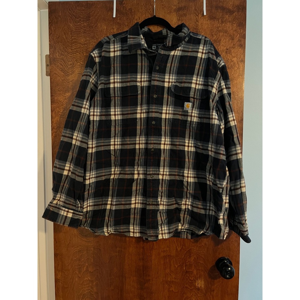 Carhartt Flannel Shirt Mens 2XL Blue Plaid Excellent Loose Fit 105078 I26